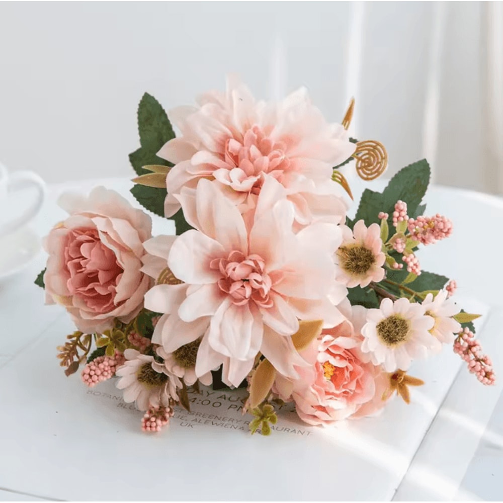 Lifelike Silk Dahlia Rose Daisy Bouquet For Home Event Decor 6