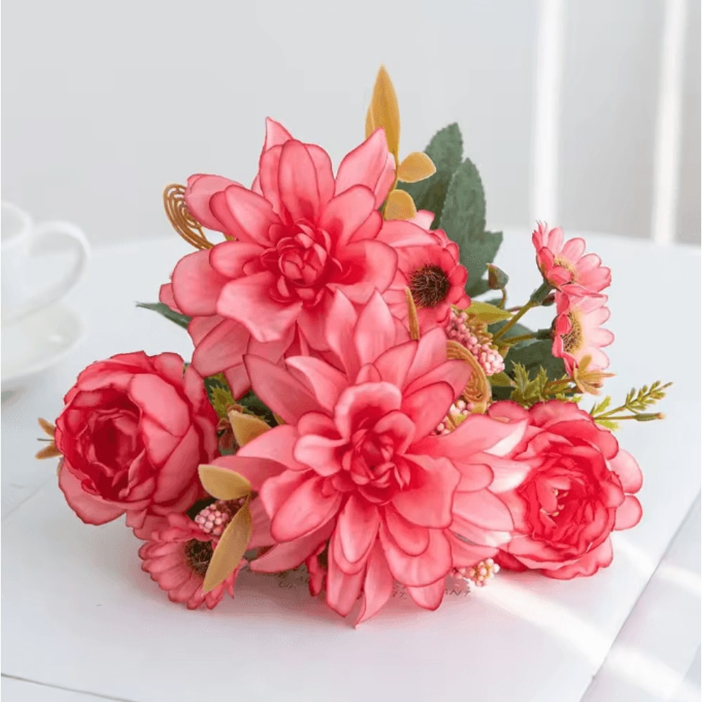 Lifelike Silk Dahlia Rose Daisy Bouquet For Home Event Decor 7