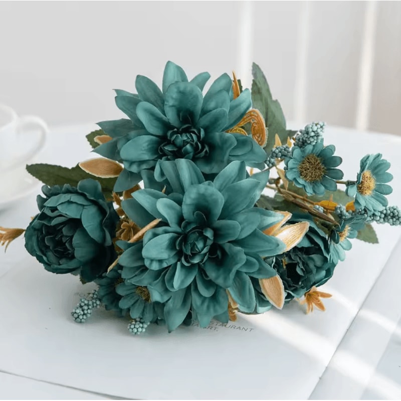 Lifelike Silk Dahlia Rose Daisy Bouquet For Home Event Decor 8