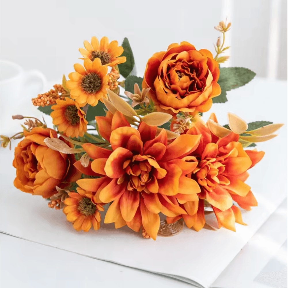Lifelike Silk Dahlia Rose Daisy Bouquet For Home Event Decor 9