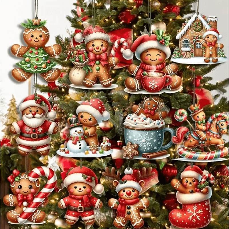 12Piece Wooden Gingerbread Man Christmas Ornaments Set 2