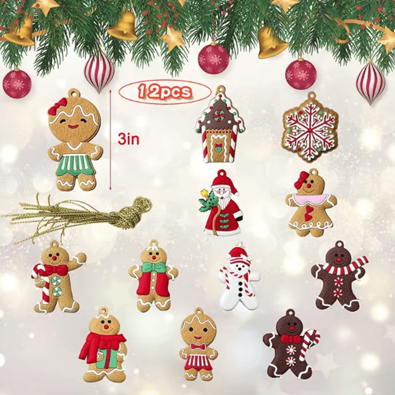 12Piece Wooden Gingerbread Man Christmas Ornaments Set 6