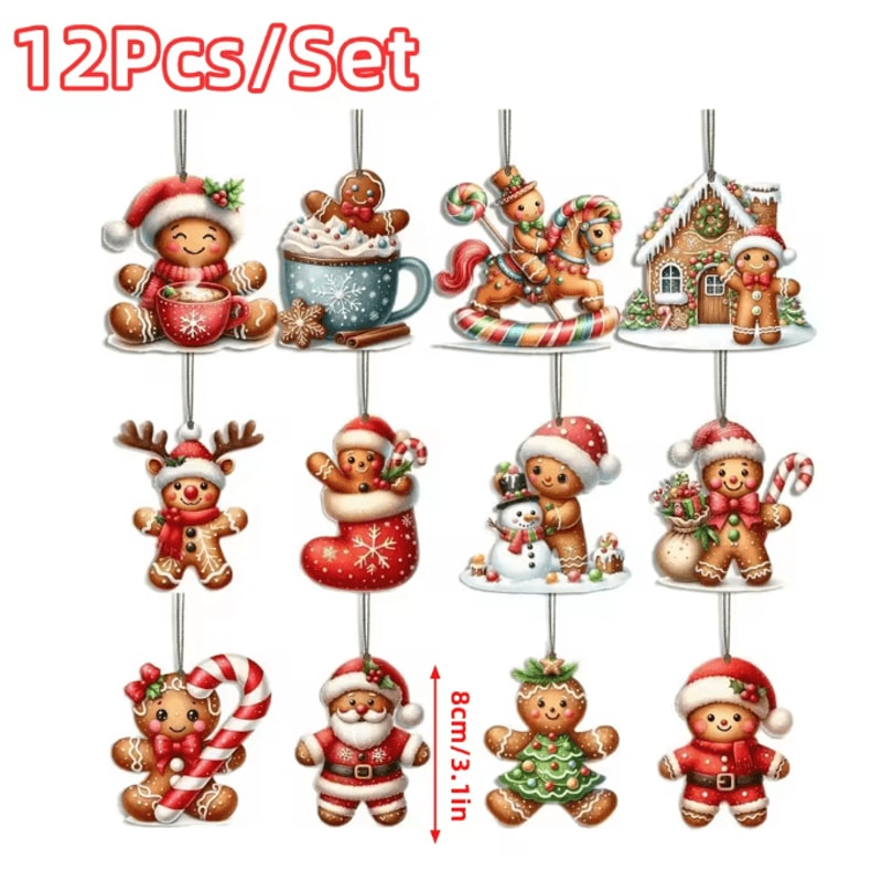12Piece Wooden Gingerbread Man Christmas Ornaments Set 8