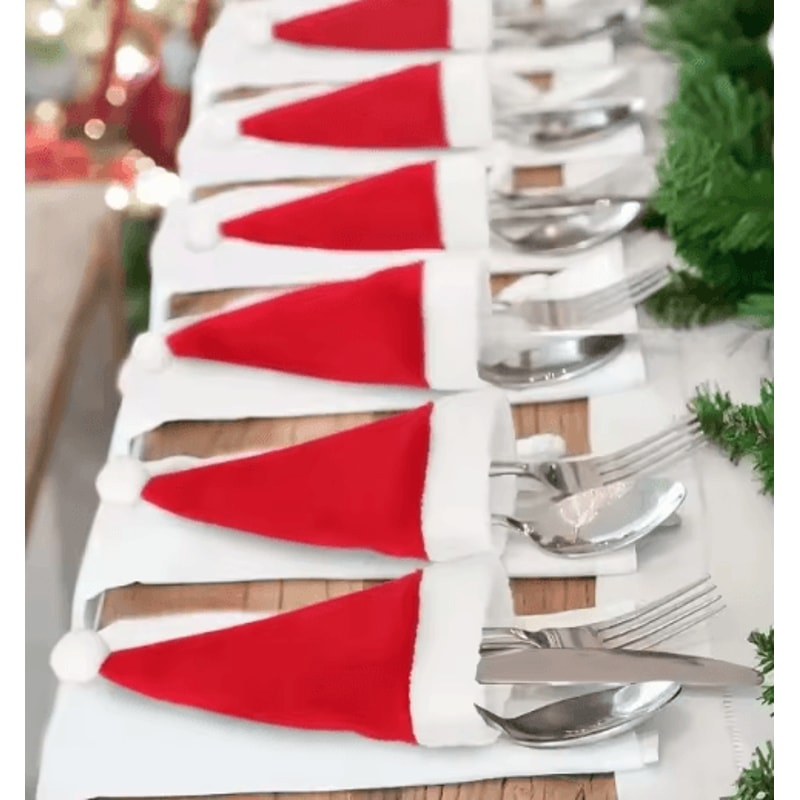 Festive Santa Hat Christmas Cutlery Holder Bags Holiday Tableware Decor Set 0