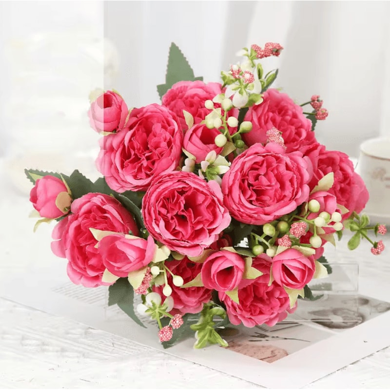 Pink White Artificial Rose Bouquet Realistic Silk Flowers For Home Wedding Decor 0