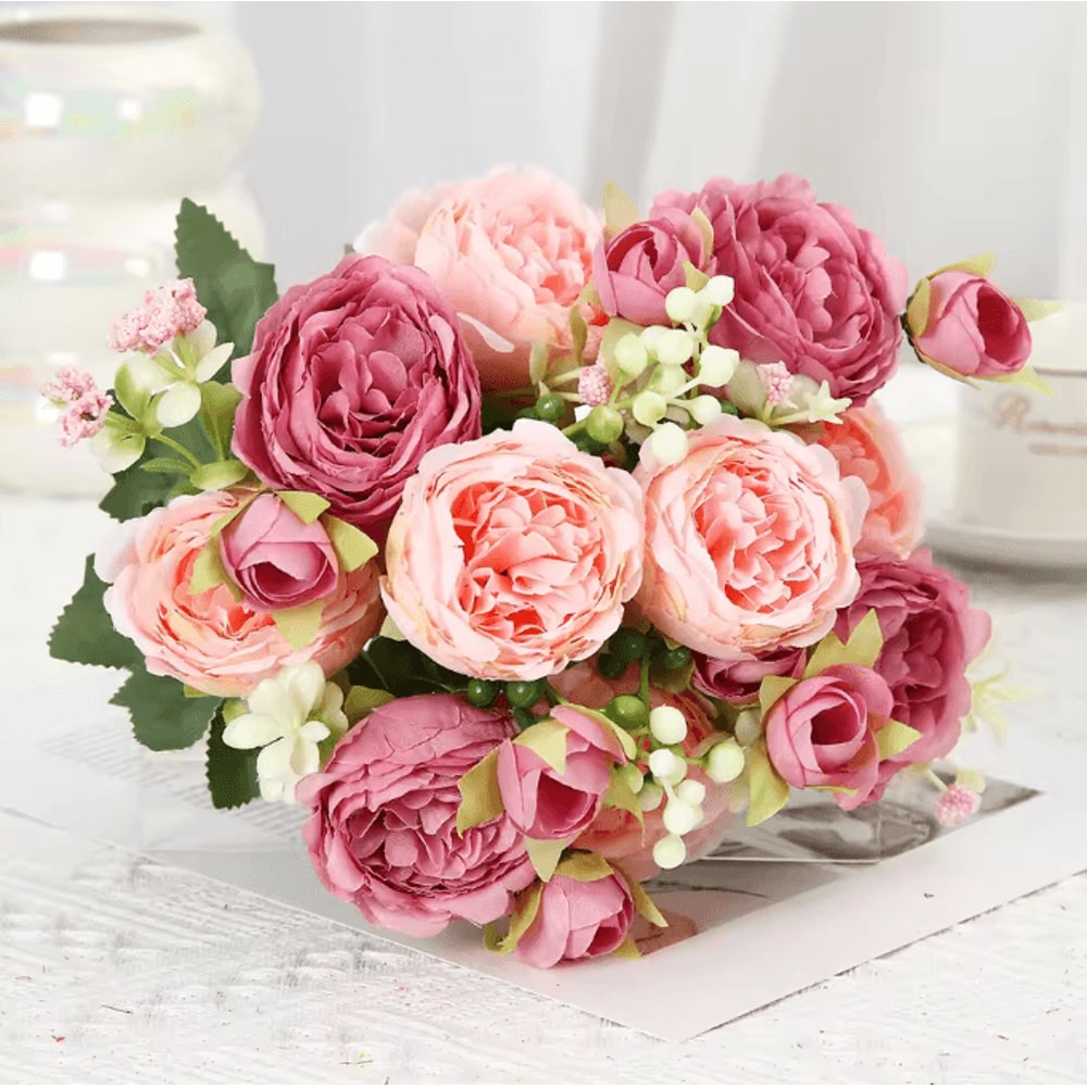 Pink White Artificial Rose Bouquet Realistic Silk Flowers For Home Wedding Decor 1