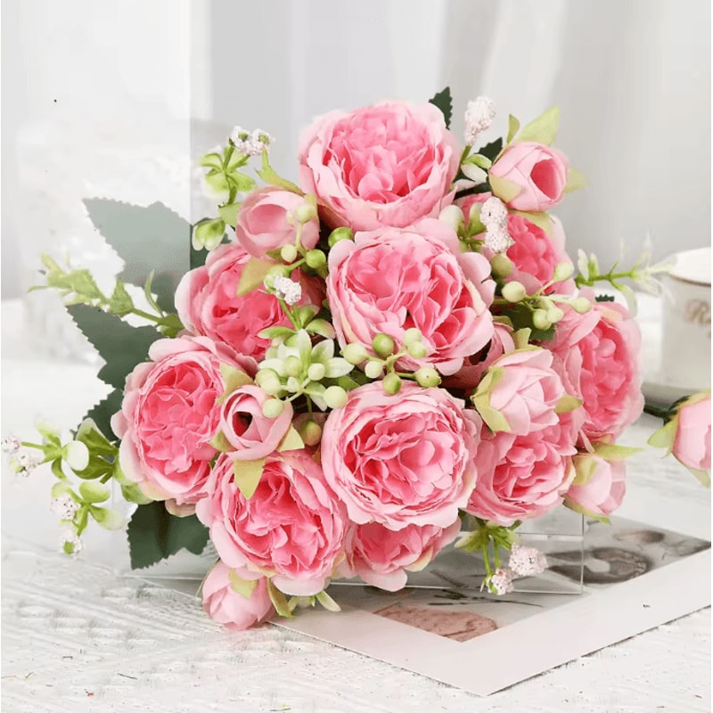 Pink White Artificial Rose Bouquet Realistic Silk Flowers For Home Wedding Decor 2