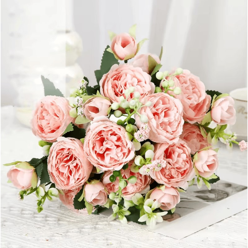 Pink White Artificial Rose Bouquet Realistic Silk Flowers For Home Wedding Decor 4