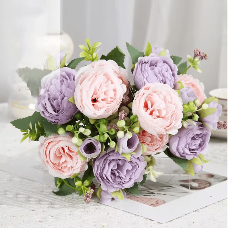 Pink White Artificial Rose Bouquet Realistic Silk Flowers For Home Wedding Decor 5