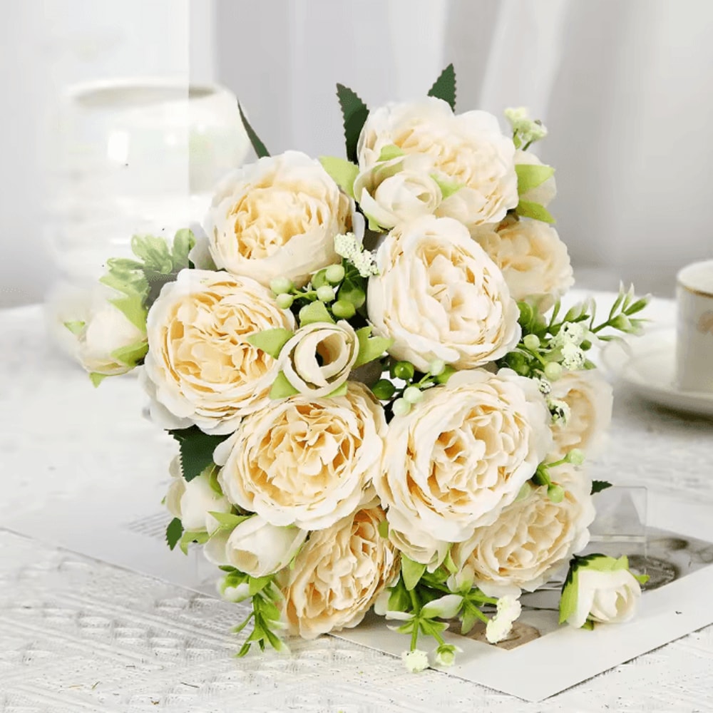 Pink White Artificial Rose Bouquet Realistic Silk Flowers For Home Wedding Decor 6