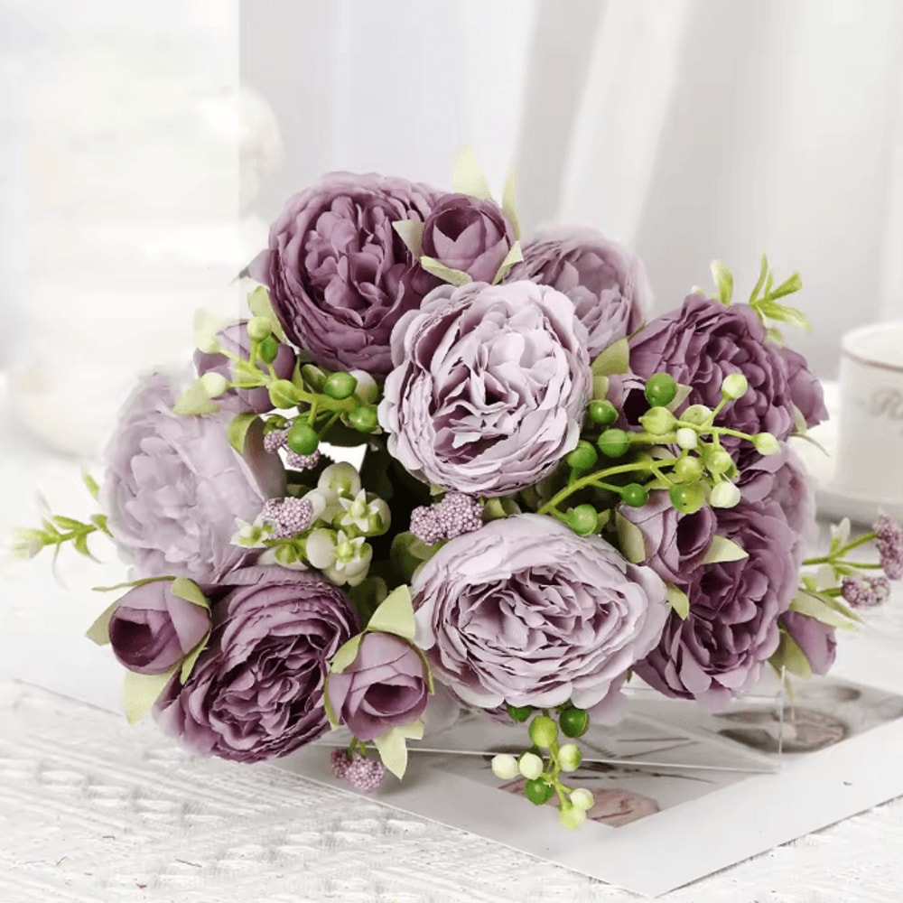 Pink White Artificial Rose Bouquet Realistic Silk Flowers For Home Wedding Decor 7