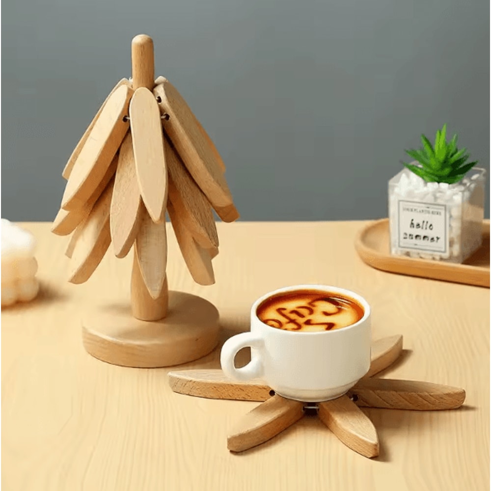 Tree Design Wooden Trivet Set HeatResistant Table Mats With Decorative Stand 2