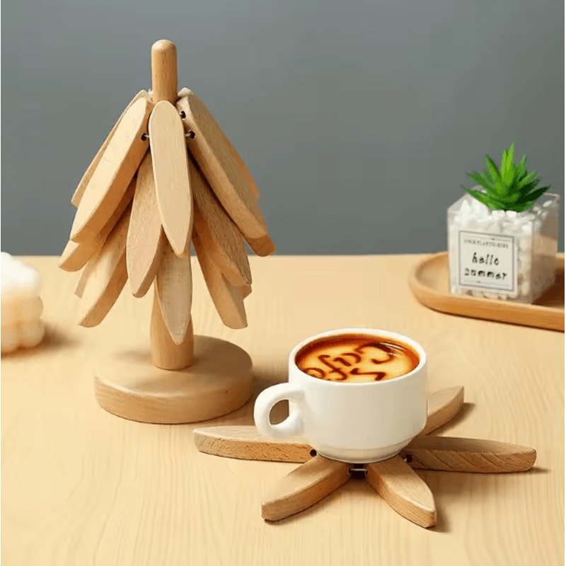 Tree Design Wooden Trivet Set HeatResistant Table Mats With Decorative Stand 2