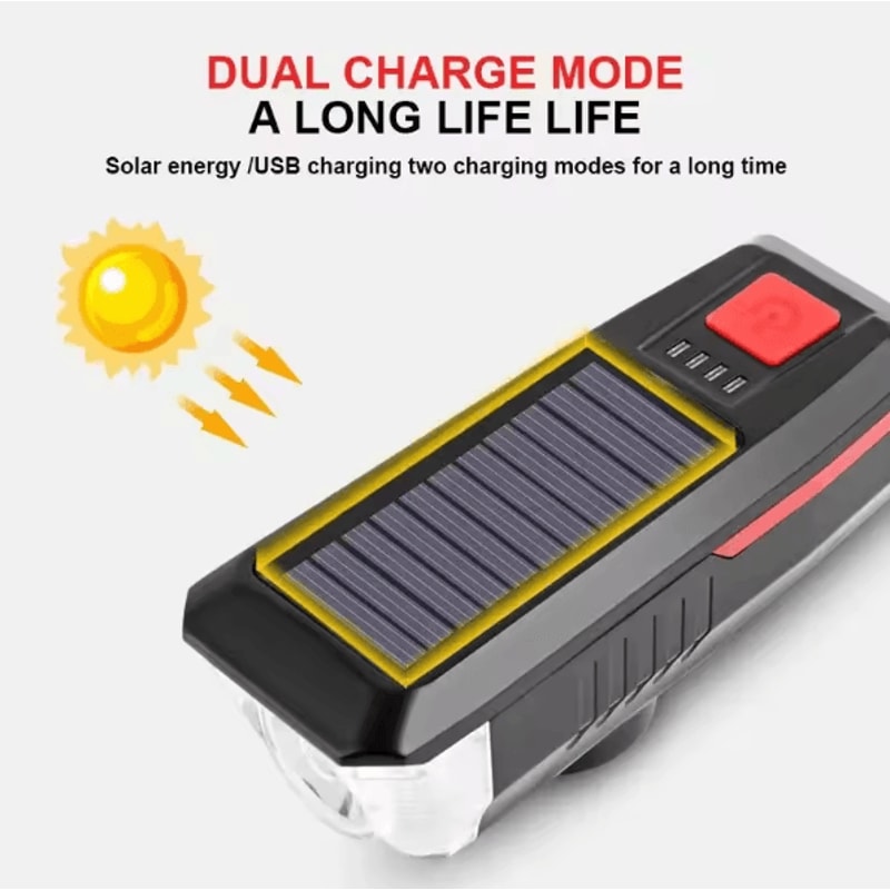 Solar USB Rechargeable Bicycle Light With Horn MultiMode MTB Front Safety Lamp 3