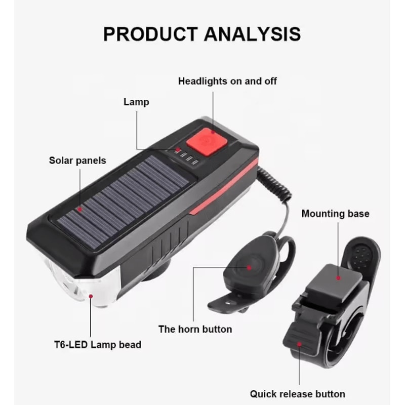 Solar USB Rechargeable Bicycle Light With Horn MultiMode MTB Front Safety Lamp 5