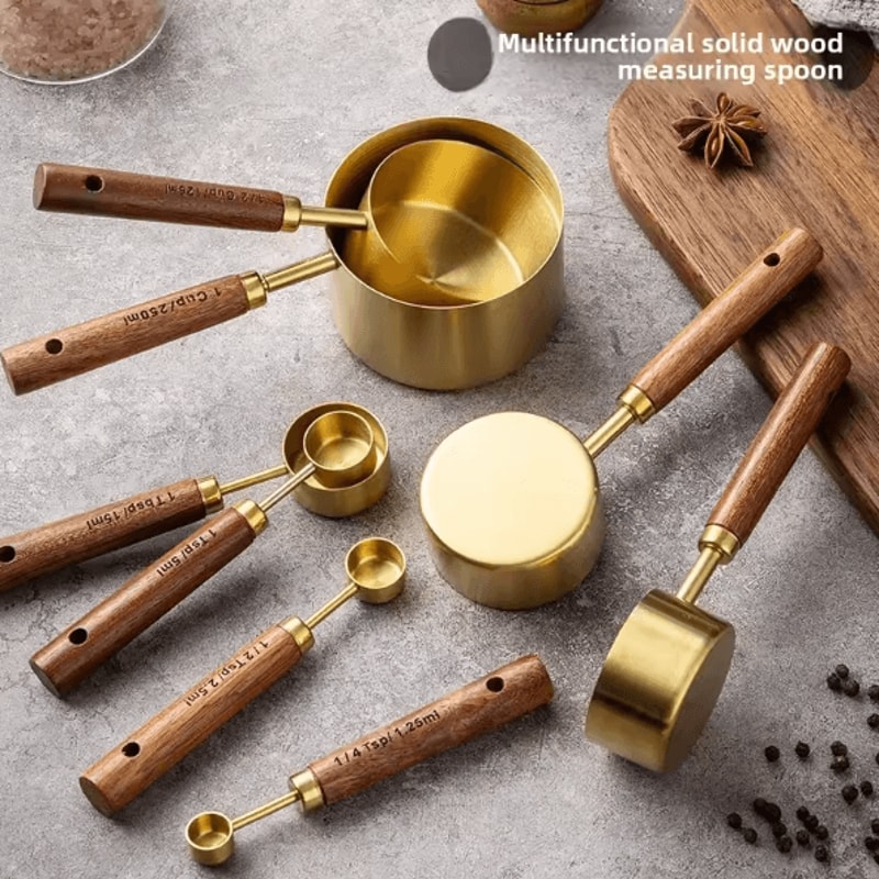 BaristaCraft 8Piece Stainless Steel Measuring Cups Spoons With Wooden Handles 1