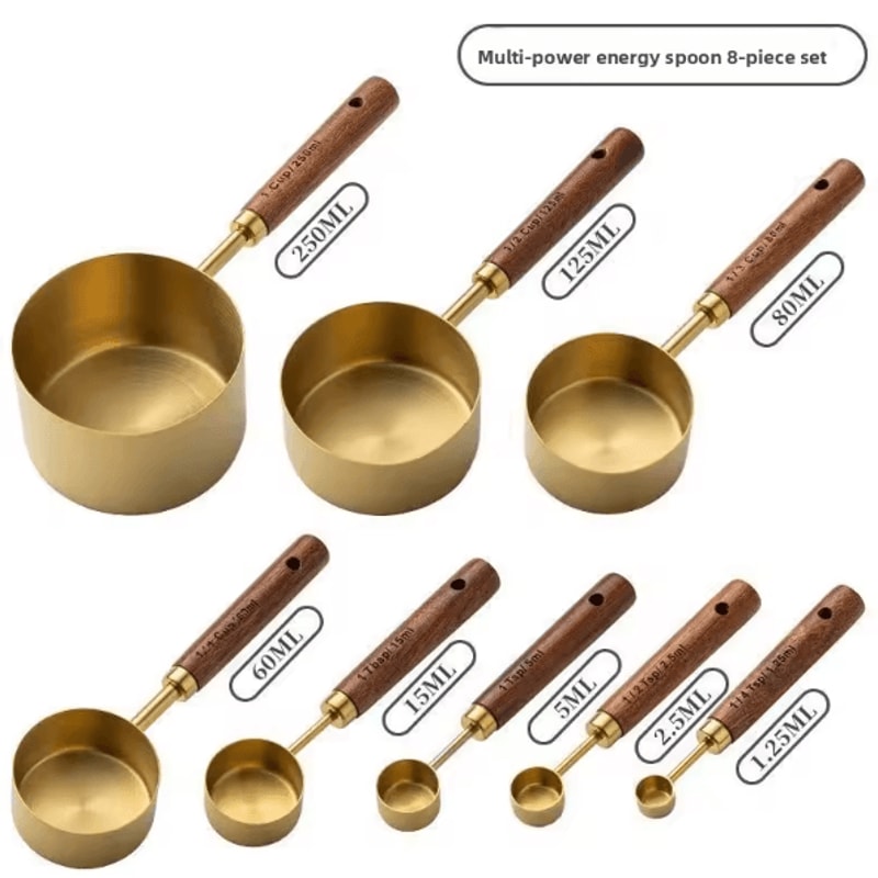 BaristaCraft 8Piece Stainless Steel Measuring Cups Spoons With Wooden Handles 7