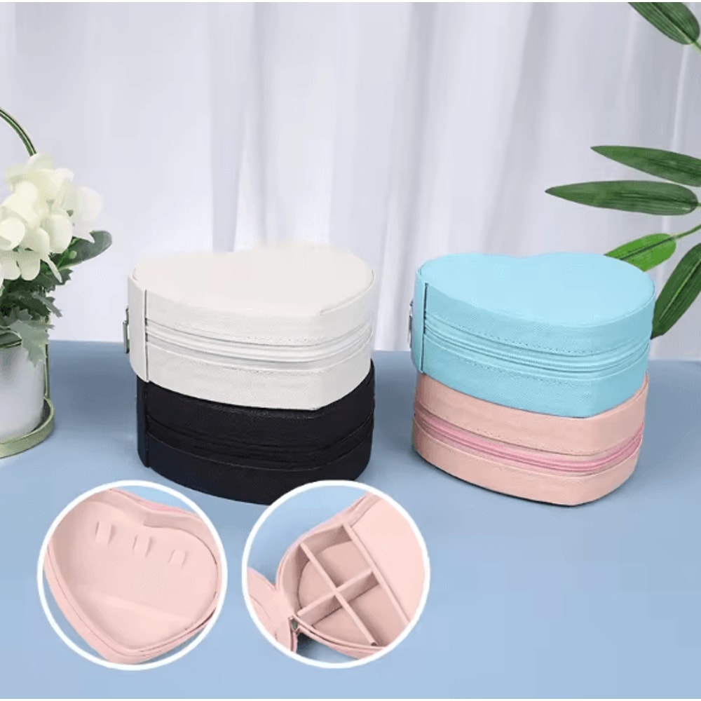 LuxeHeart Heart Shaped Jewelry Box Travel Organizer Leather Zipper Case For Rings Earrings Necklace 0