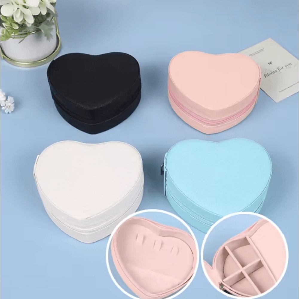 LuxeHeart Heart Shaped Jewelry Box Travel Organizer Leather Zipper Case For Rings Earrings Necklace 1