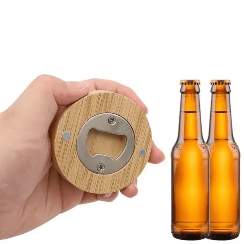 BrewSnap Bamboo Magnetic Bottle Opener Round Portable Fridge Magnet Beer Opener For Home Parties 1