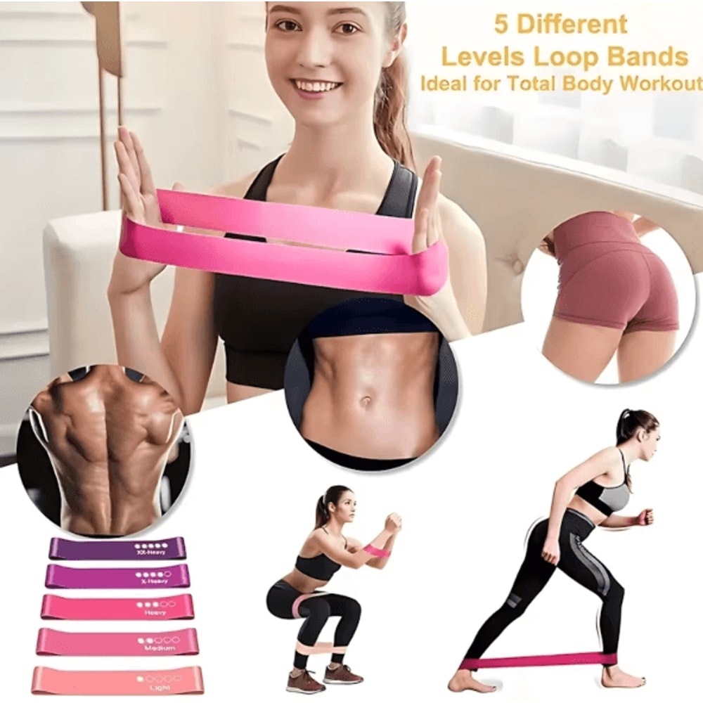 FlexTone 5Piece Pink Resistance Bands Set Glute Leg Workout Elastic Loop Bands For Home Fitness Tr 2