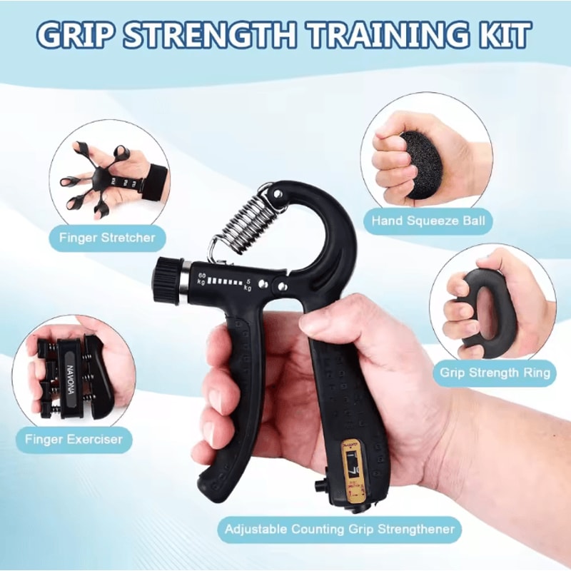 PowerGrip 5in1 Grip Trainer Kit Adjustable Hand Gripper Set With Finger Exercisers Stress Ball For 1