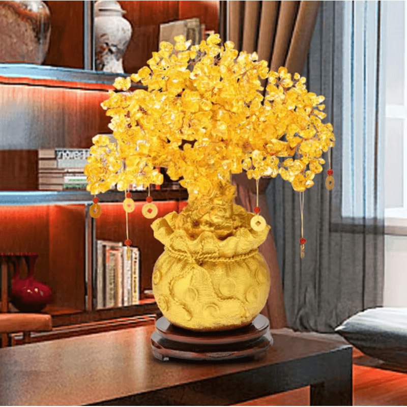 Natural Crystal Money Tree Feng Shui Fortune Tree Decor With Gemstone Leaves Money Bag Base 1