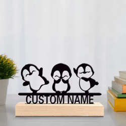 personalized penguin metal statue trio – cute custom animal sculpture with wooden base for home & office decor