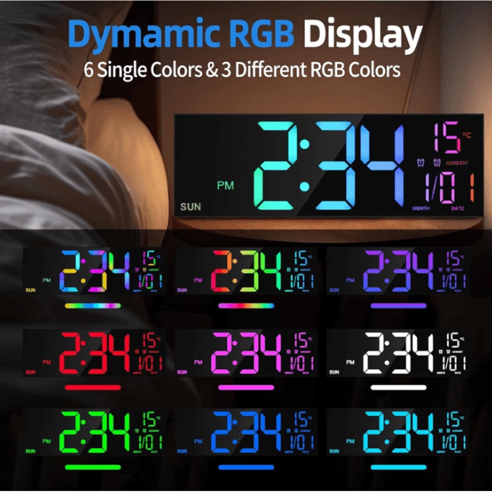 162Inches Large LED Digital Wall Clock With Remote RGB Color Display Dual Alarm AutoDimming Modern 1