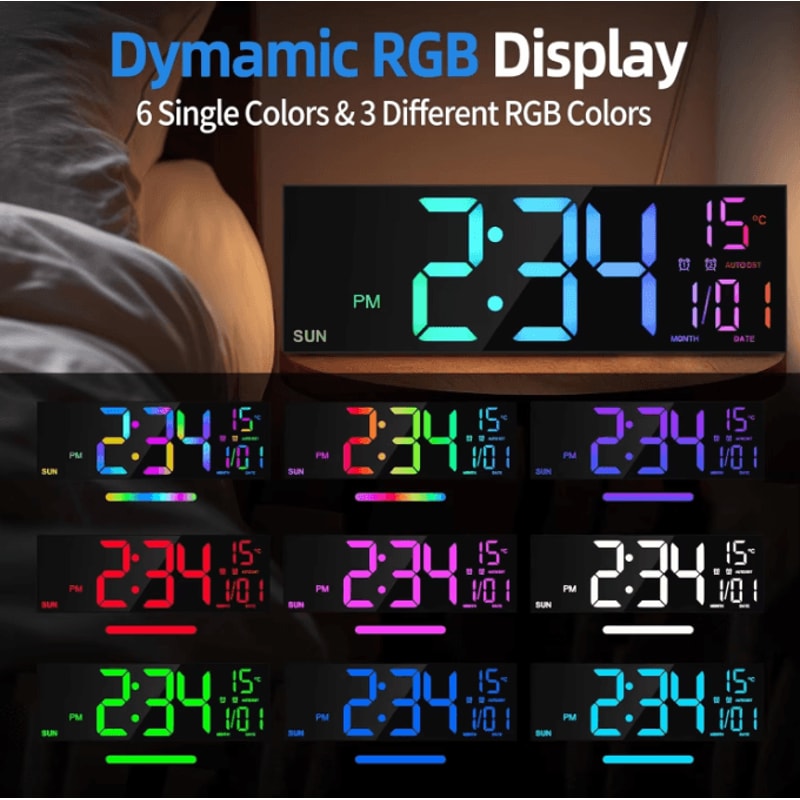 162Inches Large LED Digital Wall Clock With Remote RGB Color Display Dual Alarm AutoDimming Modern 1