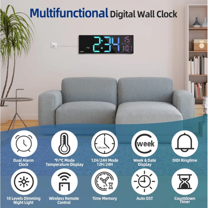 162Inches Large LED Digital Wall Clock With Remote RGB Color Display Dual Alarm AutoDimming Modern 3