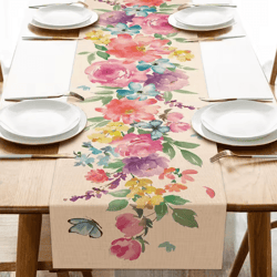 spring watercolor floral table runner – butterfly linen table decor for dining, wedding & party settings