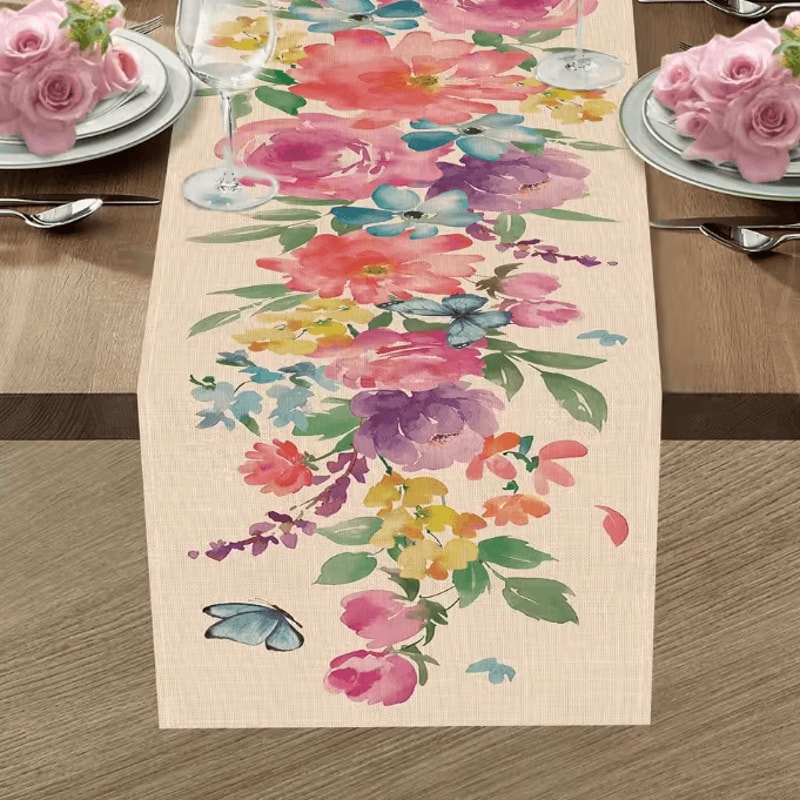 Spring Watercolor Floral Table Runner Butterfly Linen Table Decor For Dining Wedding Party Settin 2