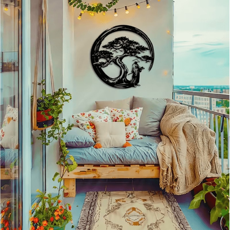 Japanese Bonsai Metal Wall Art Torii Gate Enso Circle Zen Wall Decor For Modern Home Accent 0