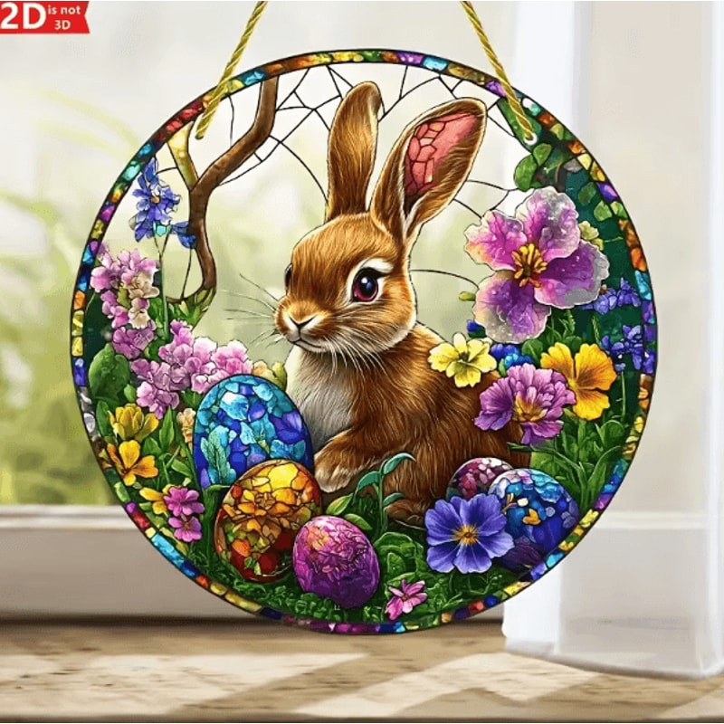 Acrylic Easter Bunny Window Hanging 2D Suncatcher Decor With Eggs Flowers For Spring Home Garden 0