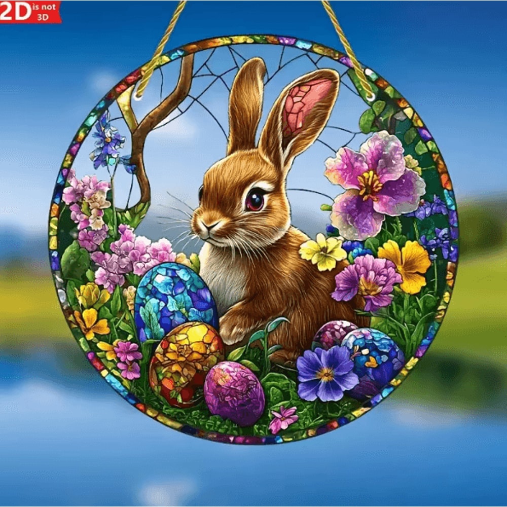 Acrylic Easter Bunny Window Hanging 2D Suncatcher Decor With Eggs Flowers For Spring Home Garden 2