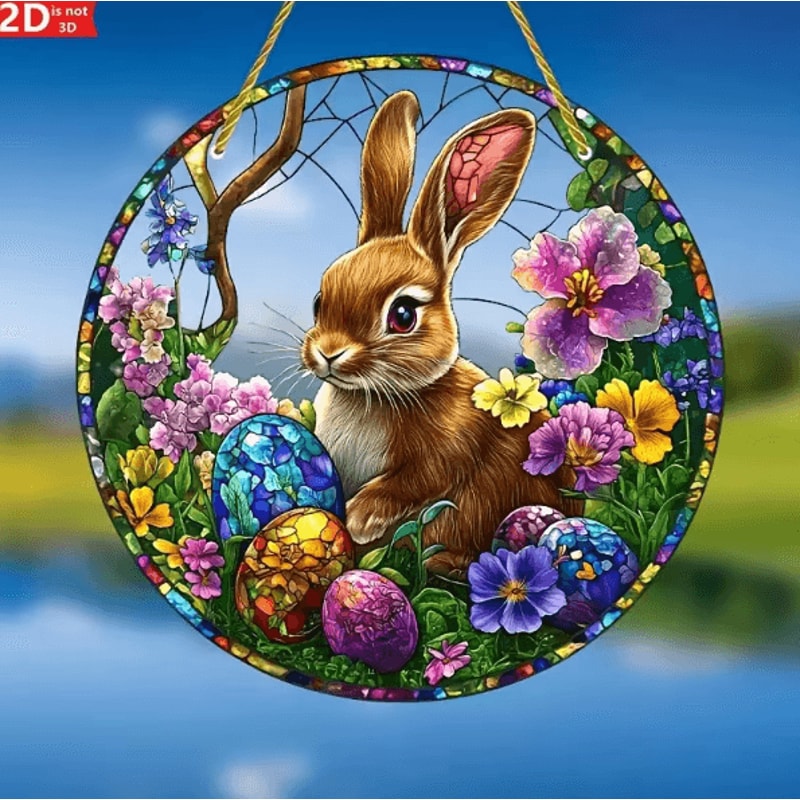 Acrylic Easter Bunny Window Hanging 2D Suncatcher Decor With Eggs Flowers For Spring Home Garden 2