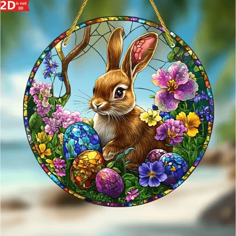 Acrylic Easter Bunny Window Hanging 2D Suncatcher Decor With Eggs Flowers For Spring Home Garden 3