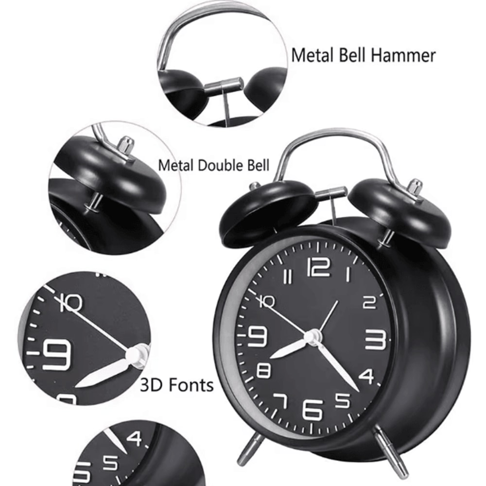 4Inch Twin Bell Loud Alarm Clock Retro Metal Desk Clock With Backlight For Heavy Sleepers 3