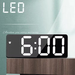voice control led mirror digital alarm clock with temperature display, snooze & night mode bedside clock