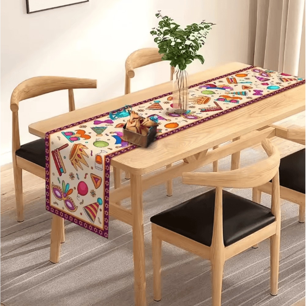 Happy Purim Festive Table Runner Colorful Jewish Holiday Decor For Dining Party Tables 1