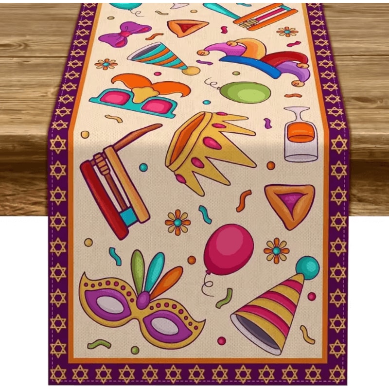 Happy Purim Festive Table Runner Colorful Jewish Holiday Decor For Dining Party Tables 2