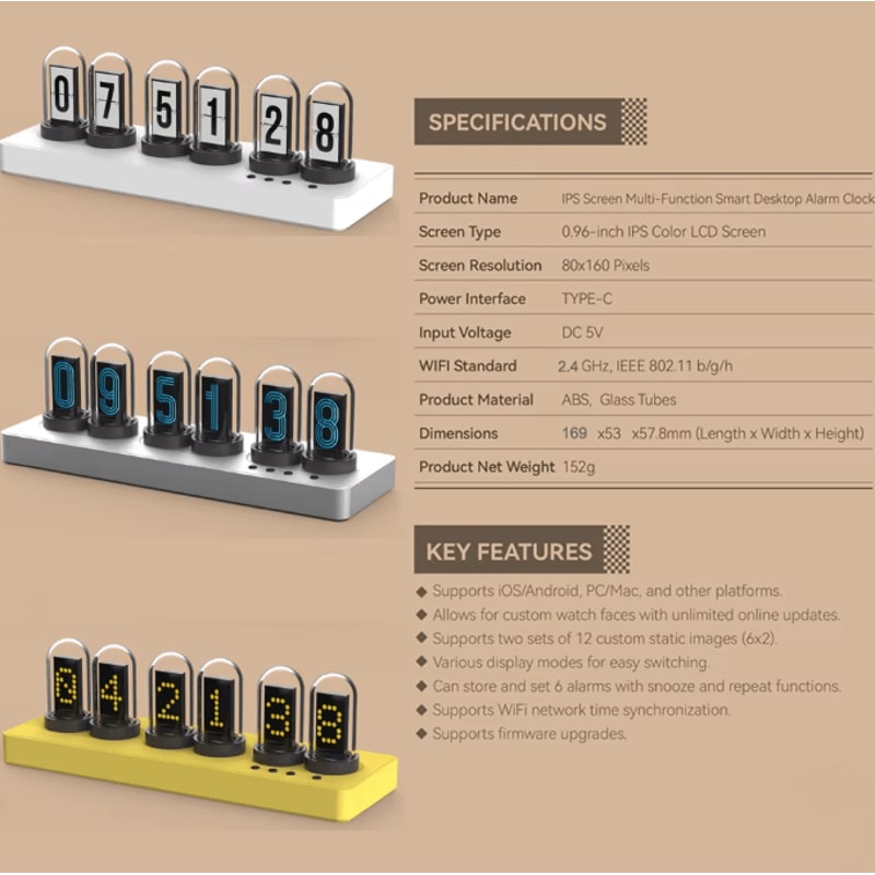 WiFi RGB Nixie Tube Digital Alarm Clock With IPS Display And Custom DIY Screens For Gaming Desk Dec 4