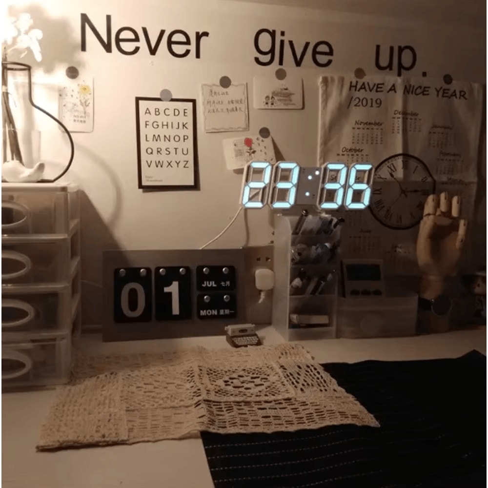 3D LED Digital Wall Clock With Night Mode Modern Glow LED Wall Decor Adjustable Desk Clock 0