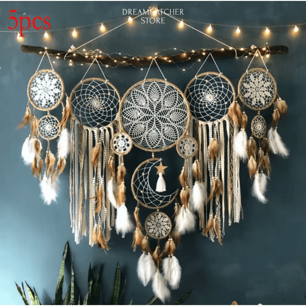 5Piece Moon Dream Catcher Wall Decor Set Boho Macrame Hanging With Sun Moon Design For Bedroom 0