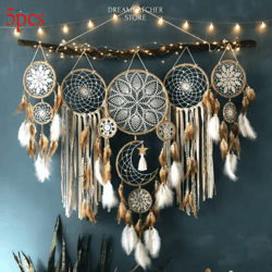 5-piece moon dream catcher wall decor set – boho macrame hanging with sun & moon design for bedroom