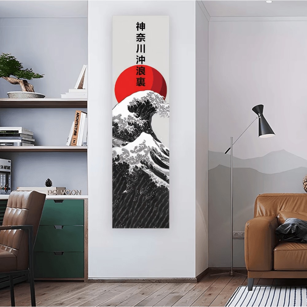 Black Ocean Wave Red Sun Tapestry Japanese Ukiyoe Great Wave Wall Hanging Aesthetic Decor 2