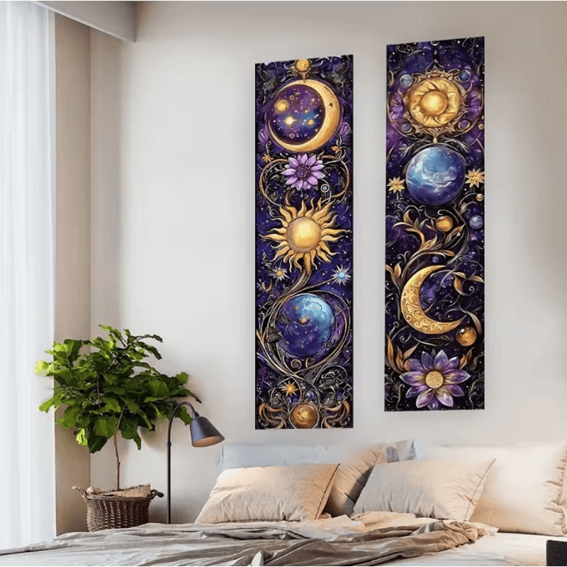 Sun Moon Celestial Purple Floral Tapestry Boho Hippie Wall Hanging Aesthetic Room Decor 2