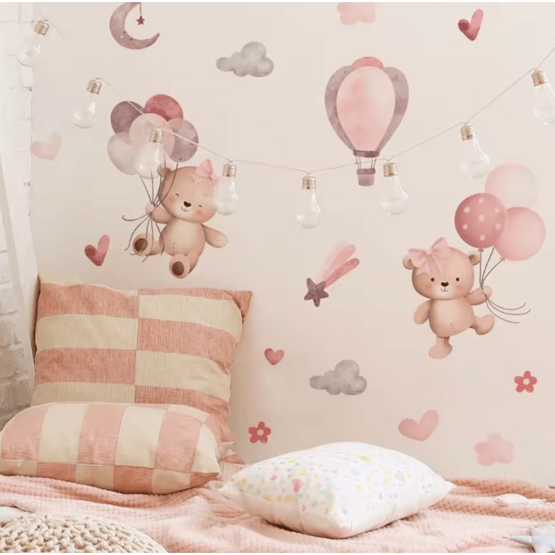 Pink Cartoon Bear Balloon Wall Stickers Cute Kids Room Nursery Wall Decals Decor 0
