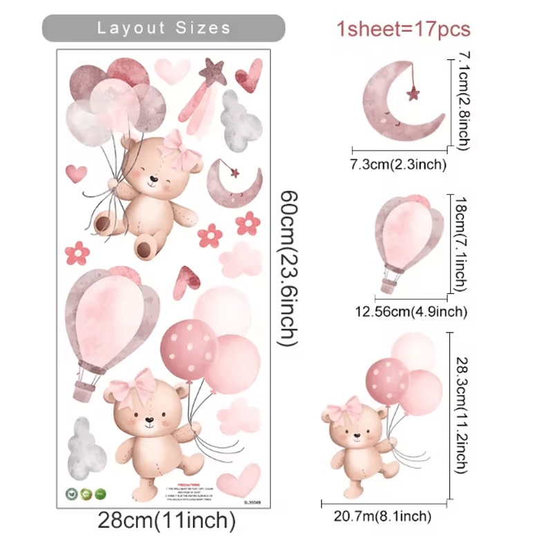 Pink Cartoon Bear Balloon Wall Stickers Cute Kids Room Nursery Wall Decals Decor 5